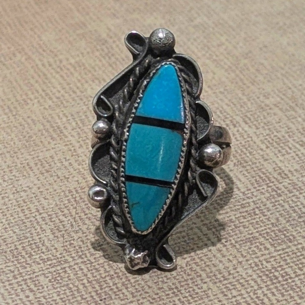Vintage Navajo Sterling Silver Turquoise Inlay Marquise Statement Ring Size 6.5